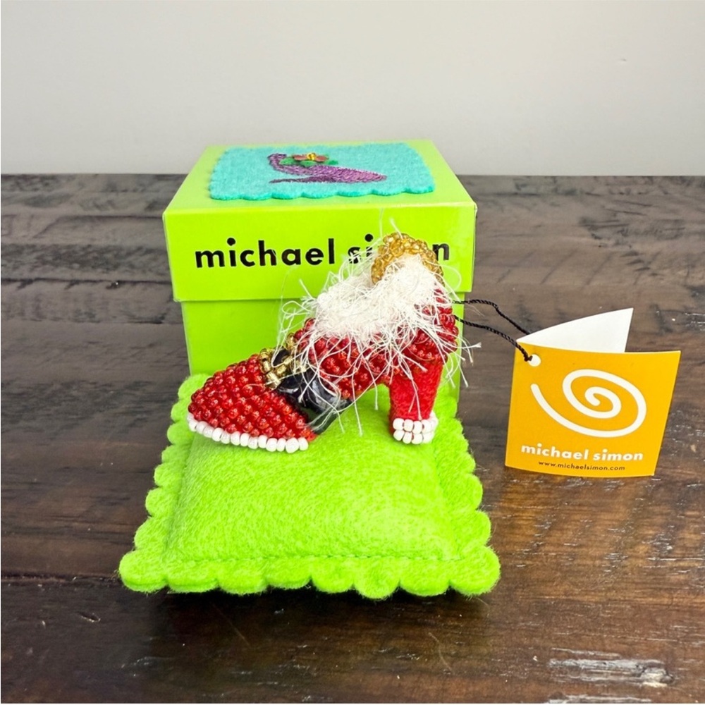 Michael Simon Santa High Heel Shoe Ornament RARE Hand Sewn Beaded New in Box
